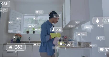 Woman spraying and wiping countertop during home cleaning, social notifications rising around her - Powered by Adobe