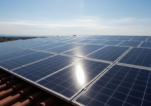 Extensive array of photovoltaic panels covers a residential rooftop under a bright, clear sky