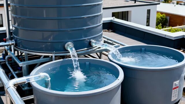 Medium shot showcasing a rooftop rainwater collection system with pipes channeling water into large storage tanks emphasizing ecosustainable urban living.