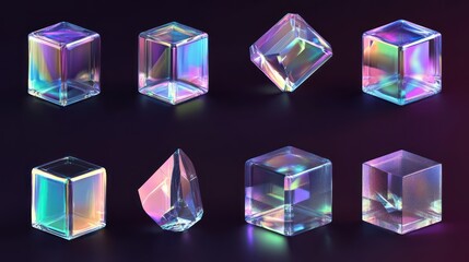 abstract composition featuring iridescent cubes and a prism against a dark backdrop showcasing refracted light and crystal clear forms