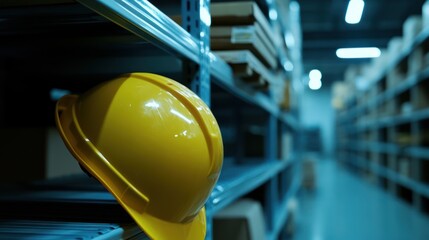 a yellow hard hat sits on a metal shelf in a warehouse filled with shelves and boxes, representing safety and industrial setting