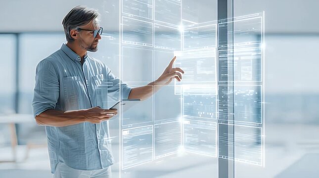 Man Reviewing AI-Generated Reports on Tablet