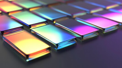 iridescent rectangular shapes arranged in a grid pattern displaying a spectrum of colors and gradients with a sleek and modern aesthetic
