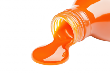 A orange liquid spills from a partially tipped-over bottle. creating a smooth flow on a clean white surface. suggesting freshness and creativity. ideal for food or art-related projects