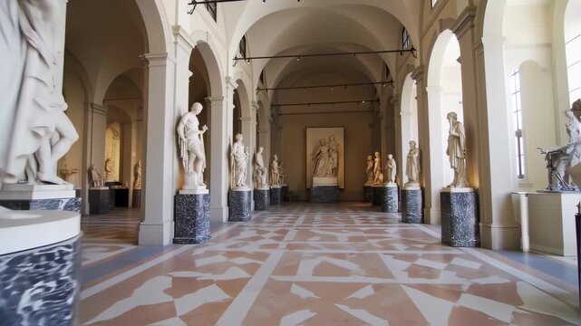 Long, arched corridor of a museum exhibits classical sculptures on pedestals. Light streams in