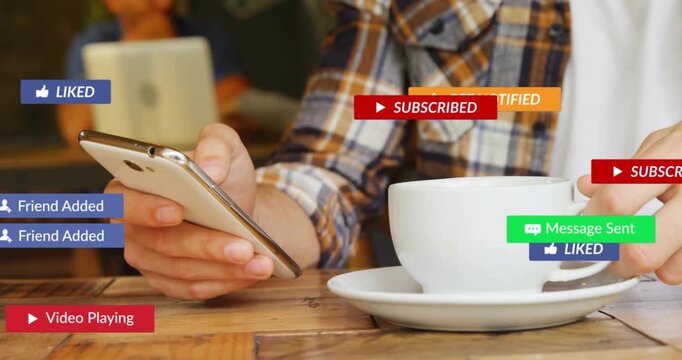 Man checking phone holding cup at cafe table cursor hovering starting social alerts rising fading