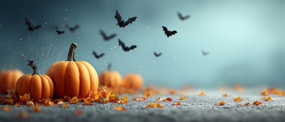 Charming symphony of bats, pumpkins, and spiders for seasonal decor. Hero poster. Halloween fantasy with enhanced details: bats, spider, cobwebs. Drama poster. Cinema artwork.