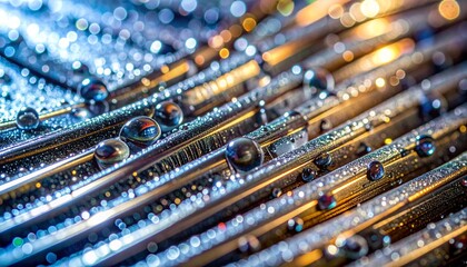 Mesmerizing macro view of dew drops glistening on metallic surfaces, reflecting vibrant bokeh lights for a futuristic, abstract aesthetic