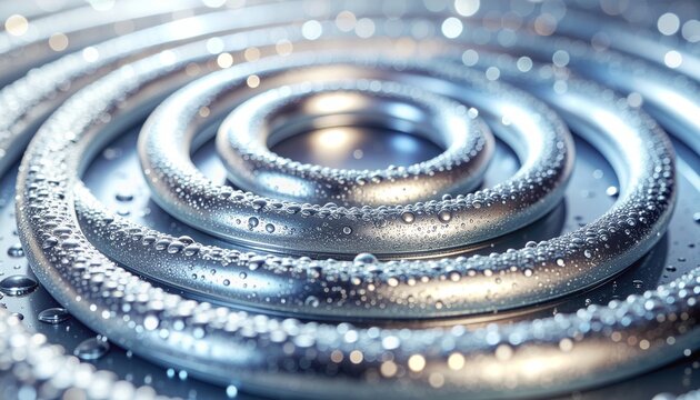Close up macro shot of metallic coil with sparkling water droplets creating a refreshing and clean aesthetic for technology or science themes