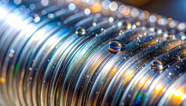 Stunning macro showcasing water droplets on metallic surface, ideal for science, technology, or abstract concepts. A captivating visual texture!