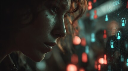 Guardians of the digital realm: a cybersecurity saga unfolds. Online networking idea. In a dark room, an expert analyzes threats on ai-powered systems. Social media community.