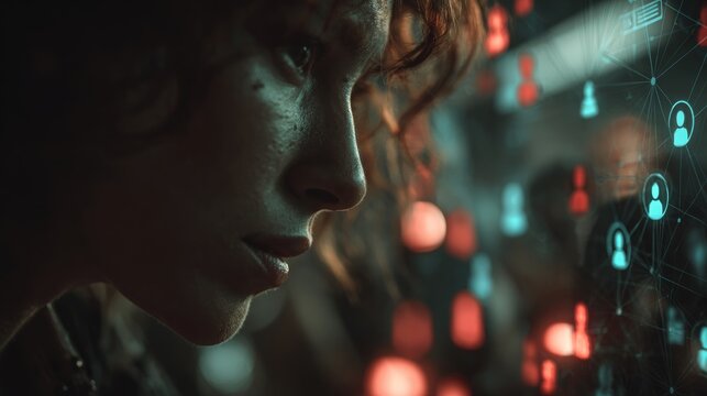 Guardians of the digital realm: a cybersecurity saga unfolds. Online networking idea. In a dark room, an expert analyzes threats on ai-powered systems. Social media community.