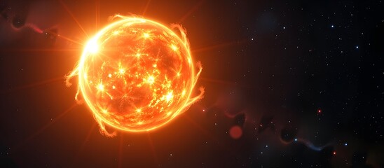 Obraz premium Bright Orange Sun in Space with Radiant Solar Flare Against a Starry Background Featuring Distant Celestial Bodies and Cosmic Light Effects