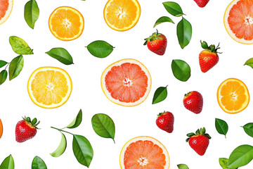 Obraz premium A arrangement of fresh citrus fruits. including oranges. lemons. and grapefruits. surrounded by green leaves and strawberries on a clean white background. ideal for healthy eating themes