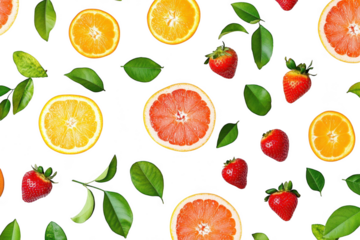 A arrangement of fresh citrus fruits. including oranges. lemons. and grapefruits. surrounded by green leaves and strawberries on a clean white background. ideal for healthy eating themes