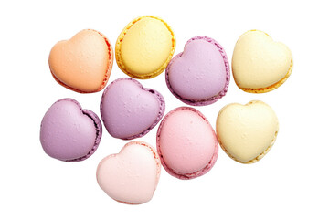 A assortment of heart-shaped macarons in pastel colors arranged neatly on a white background. perfect for celebrations. events. or as a sweet treat for loved ones