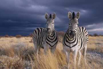 Fototapeta premium Zebras embrace the storm: wild africa under darkening skies. Col