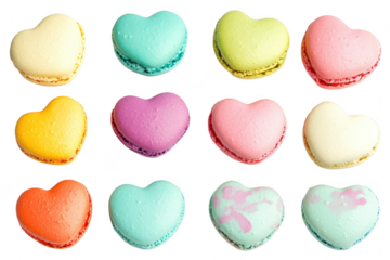 A assortment of heart-shaped macarons in various pastel colors arranged neatly on a white background. perfect for celebrations. desserts. or sweet treats for special occasions