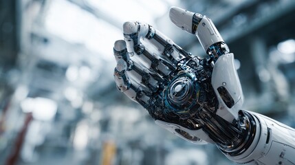 Futuristic robotic hand with intricate mechanical details and subtle lighting