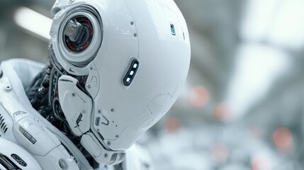 Futuristic humanoid robot head with complex mechanics in detail close up