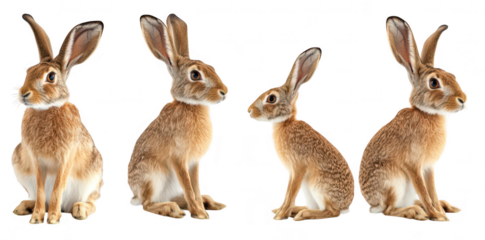 A serene depiction of four rabbits various poses and angles. emphasizing their natural beauty and grace. set against a clean white background ideal for educational or wildlife-related content