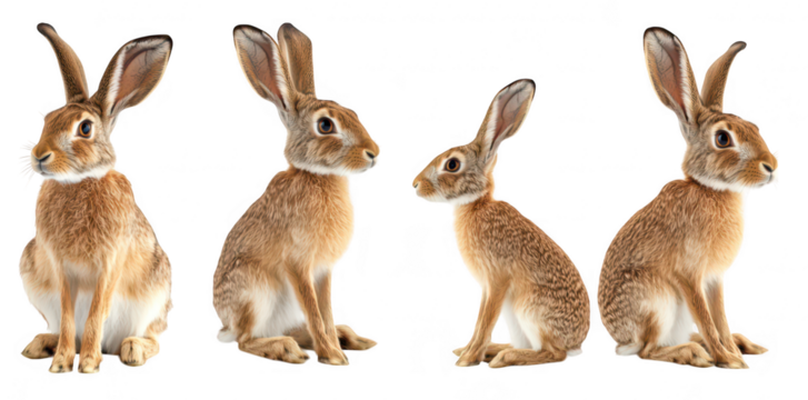 A serene depiction of four rabbits various poses and angles. emphasizing their natural beauty and grace. set against a clean white background ideal for educational or wildlife-related content - Powered by Adobe