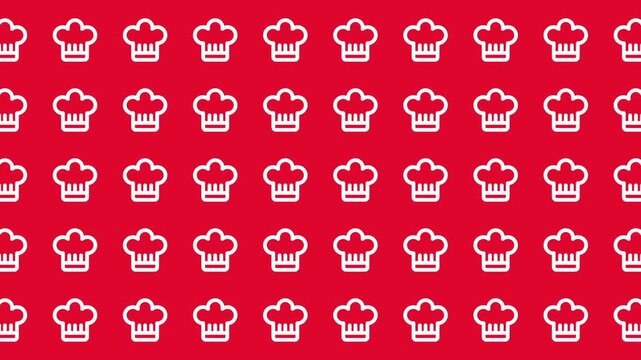 Red background with rows of white chef hat symbols ideal for culinary websites, food blogs, restaurant menus, and cooking classes.
