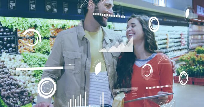 Pair walking grocery aisle with cart, woman tapping pad showing HUD charts guiding picks, embracing