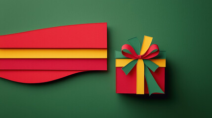Christmas gift box with green and red ribbon on green background creates festive joyful holiday atmosphere with modern style