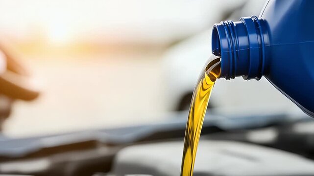 Golden engine oil pouring smoothly from blue container into car engine for maintenance and automotive care video