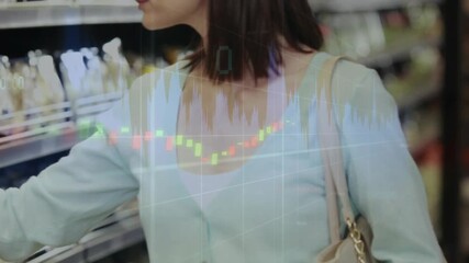 Female shopper consulting list, pushing cart, scanning shelves as financial charts overlaying items