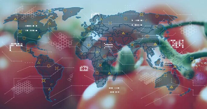 World map fading in over tomato cluster, adding layers, lighting nodes, visualizing trade