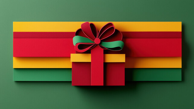 Christmas gift box with red ribbon and green yellow background creates festive joyful holiday atmosphere perfect for celebration