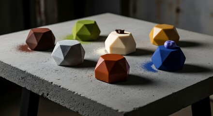 Seven colorful geometric desserts artfully arranged on a concrete surface with powdered accents.