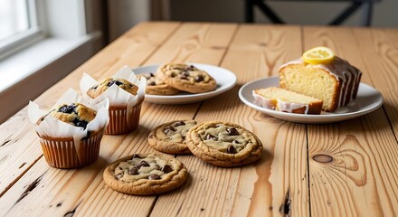 A delicious assortment of freshly baked goods, including muffins, cookies, and lemon loaf cake, displayed on a rustic wooden table.