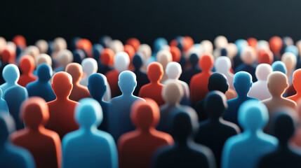 Obraz premium Dynamic crowd of human silhouettes in red, blue, black, and white colors with blurred background creating sense of depth and movement