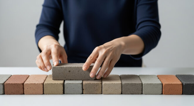 Careful person arranging colorful concrete blocks in neat row on white table symbolizing planning organization choice and construction material selection process