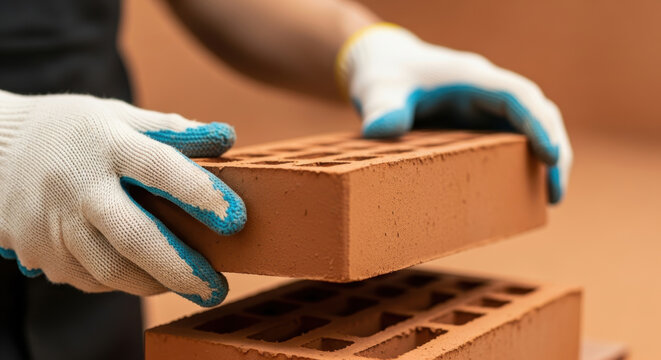 Careful construction worker hands in protective gloves stacking hollow clay bricks with precision on construction site, closeup of masonry process and building detail