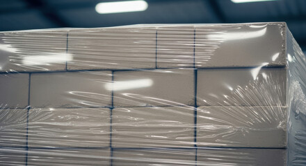 Tightly wrapped stack of concrete blocks covered in transparent plastic film in warehouse storage under industrial lighting for construction supply and logistics