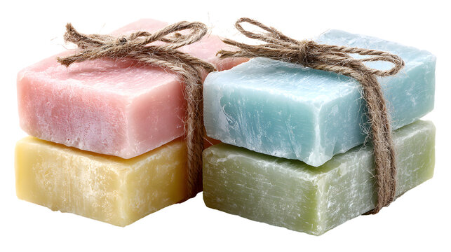 Pastel handmade soap bars tied with string, isolated on transparent background