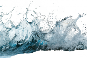 A dynamic splash of ocean waves crashing against the shore. capturing the energy and movement of water. with a bright. clear sky in the background. ideal for nature and travel themes