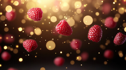 Raspberry fruit closeup with glowing bokeh light background, fresh red berries floating in dark space with warm golden sparkles
