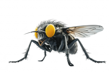 A close-up view of a black fly with striking yellow eyes. intricate details of its anatomy. set against a clean white background. ideal for educational and scientific purposes