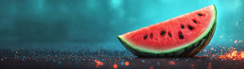 Watermelon slice with red flesh and black seeds glowing with fiery sparks on dark surface, vibrant and fresh summer fruit image