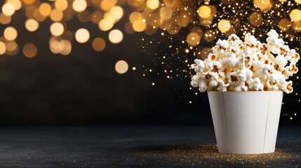 Popcorn in white container with glowing golden bokeh lights and sparkling particles on dark background creating festive mood