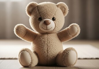 Obraz premium Fluffy brown stuffed bear sits with arms raised in a welcoming gesture