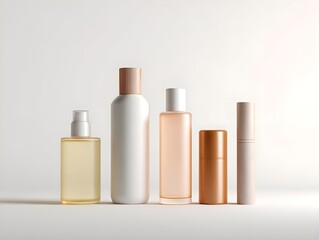 Skincare And Makeup Bottles Arranged Symmetrically Modern Beauty Product Display Organized Cosmetics Collection Layout