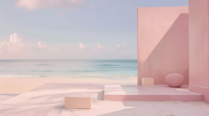 Fototapeta premium A serene beach scene featuring pastel pink architectural structures and the calming turquoise ocean under a soft, cloudy sky, creating a peaceful ambiance