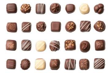 An assortment of gourmet chocolates arranged in a neat grid on a white background. various shapes. textures. and decorations. ideal for dessert-themed promotions or culinary articles