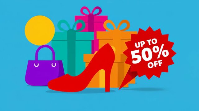 Fashion Accessories Sale with Red High Heel and Purple Handbag.